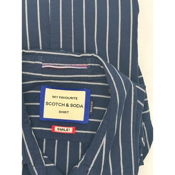 Scotch & Soda Mens Navy Blue White Striped Long Sleeve Button Down Shirt Regular - Picture 10 of 10